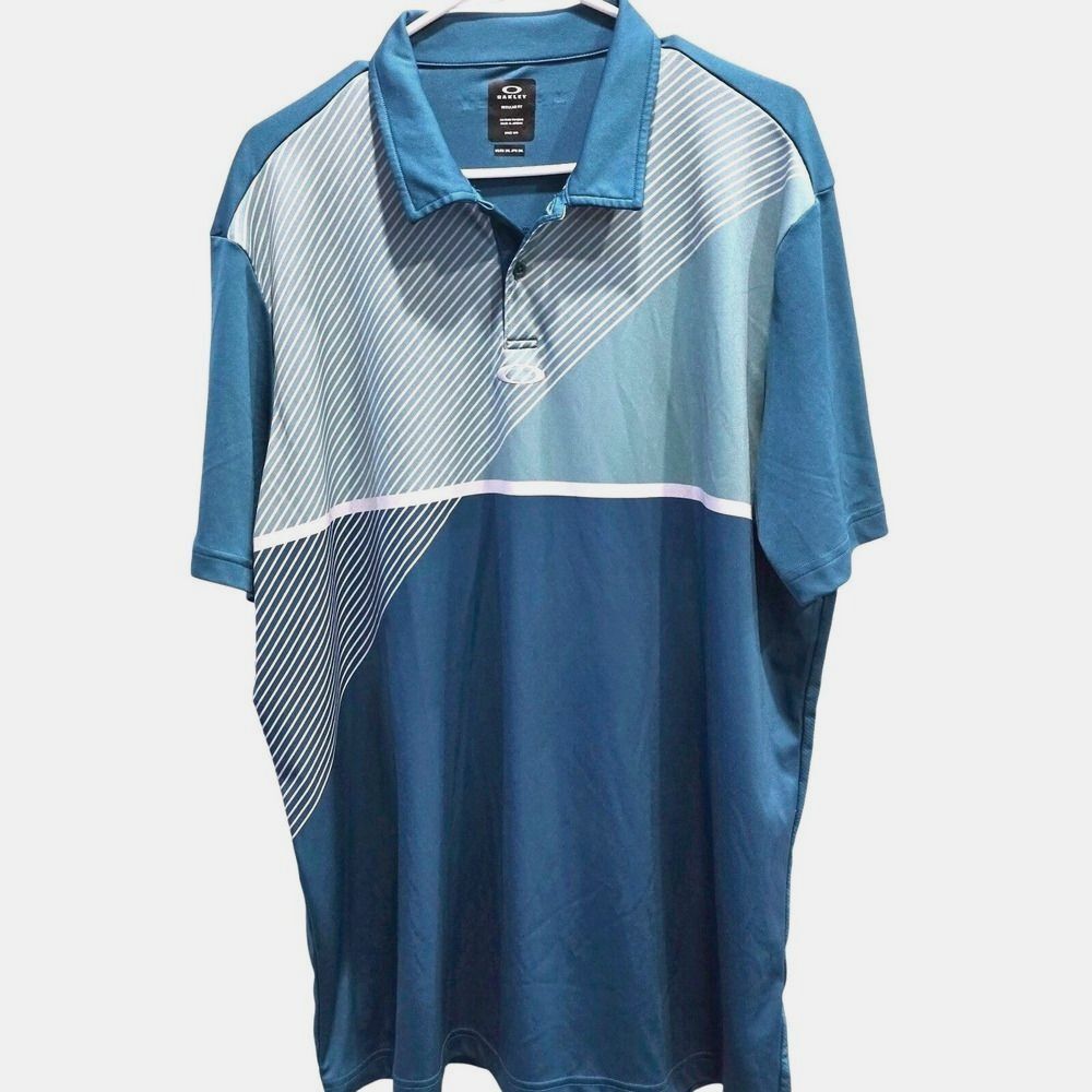 Oakley Golf Polo Shirt Men 2XL Blue Geometric Stripe Regular Fit Performance Top